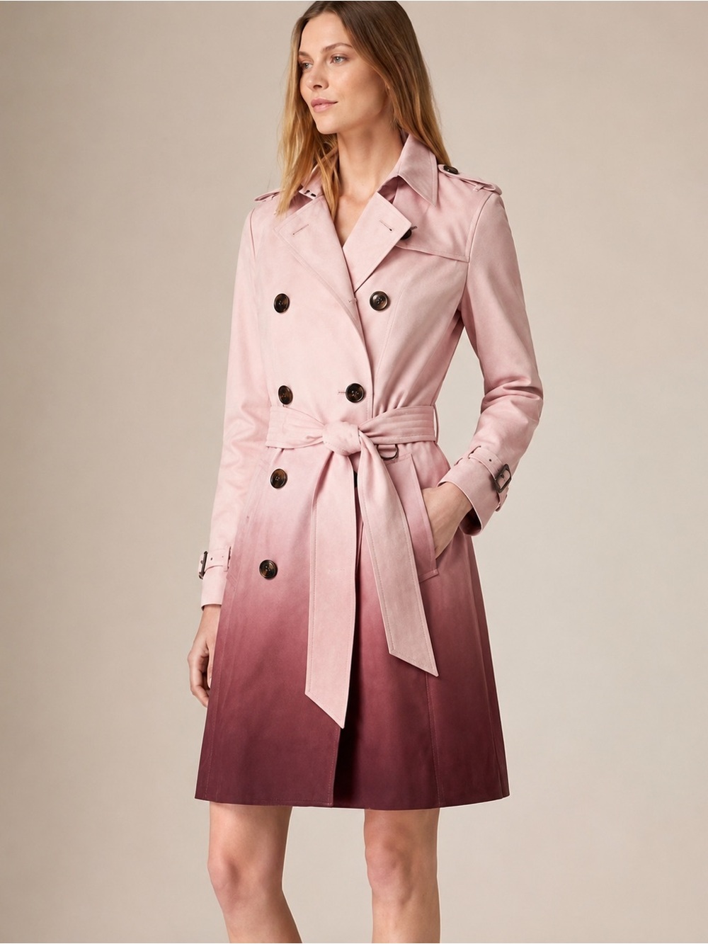 Solitaire Pink Mauve Ombre Faux Suede Trench Coat Belted Small